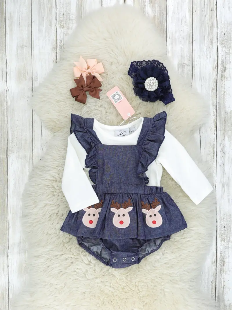 White Top With Chambray Reindeer Ruffle Romper 1
