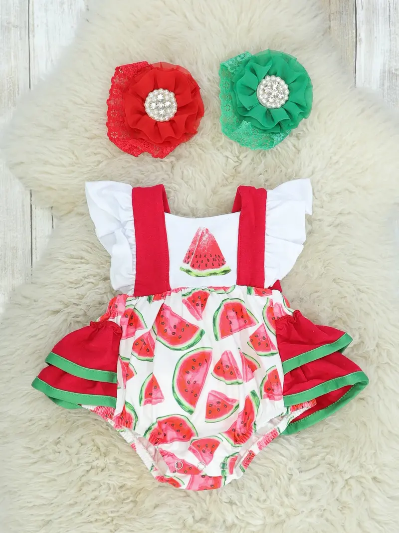 White Watermelon-Theme Ruffle Bubble Romper 1