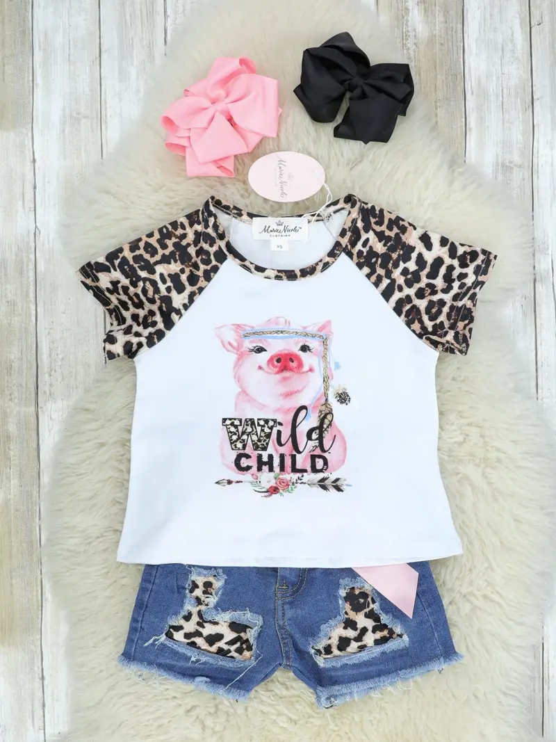 'Wild Child' Pig-Embellished Distressed Denim Set 1