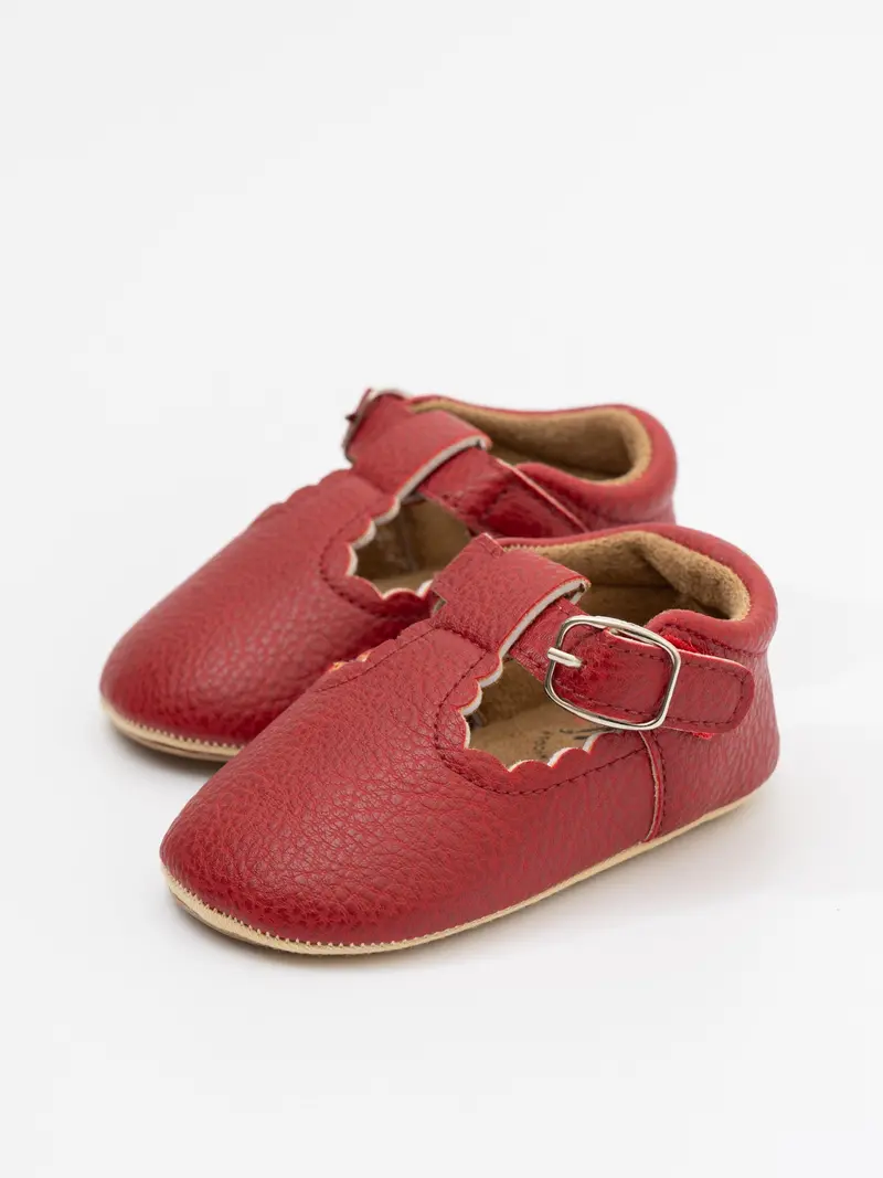 Wine Red T-Strap Footwear With Decorative Scalloped Buckle 1