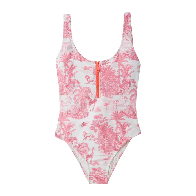Women'S Pink Jungle Zip-Front One-Piece Swimsuit 1