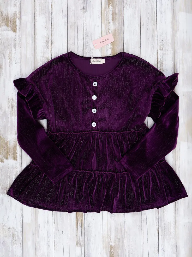 Women’S Plum Velvet Ruffle Blouse 1