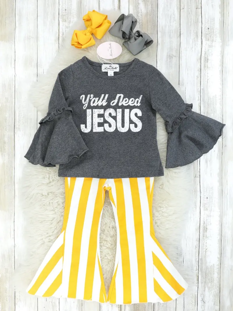 'Y'All Need Jesus' Ruffled Top With Yellow Striped Bell-Bottom Pants 1