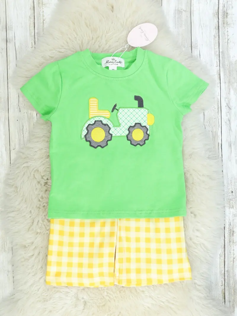 Yellow And Green Gingham Tractor Top With Short Set 1