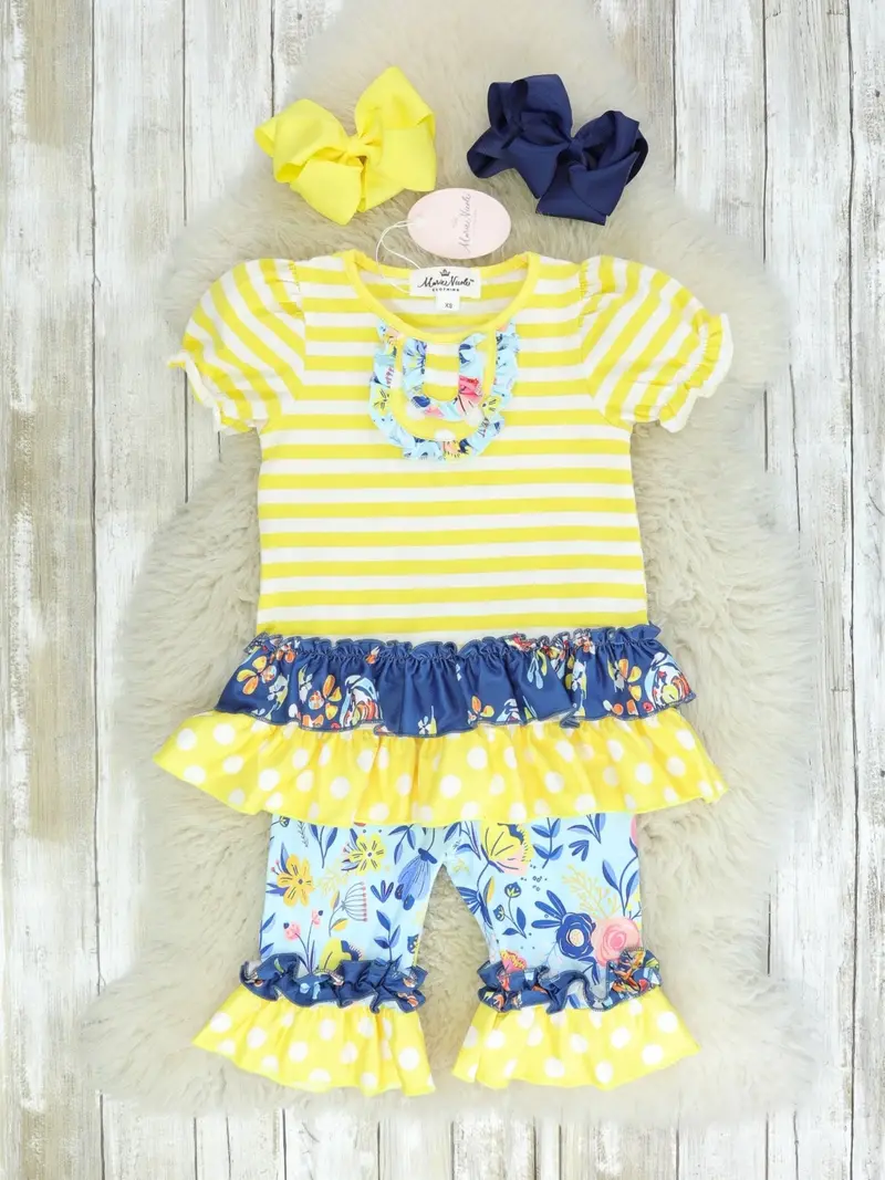 Yellow And Navy Mixed Floral Ruffle Outfit 1