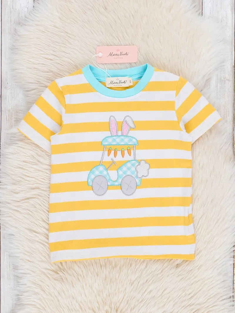 Yellow Bunny-And-Car Striped Embroidered Top 1