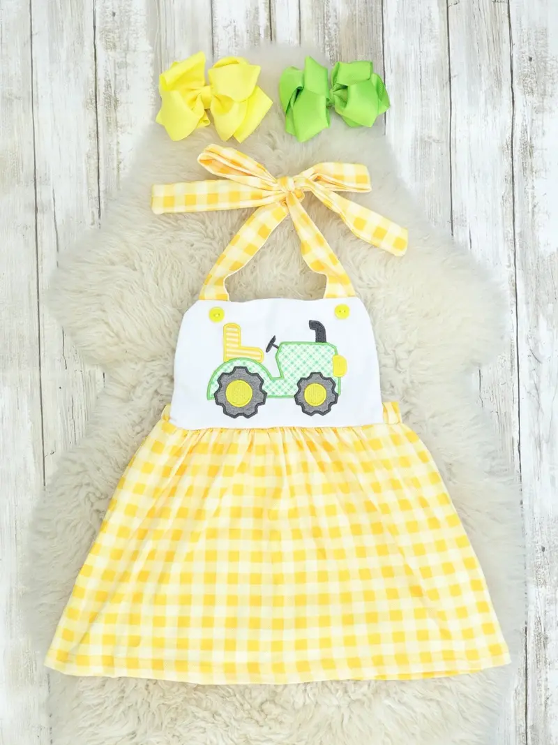 Yellow Check Tractor Halter Dress 1