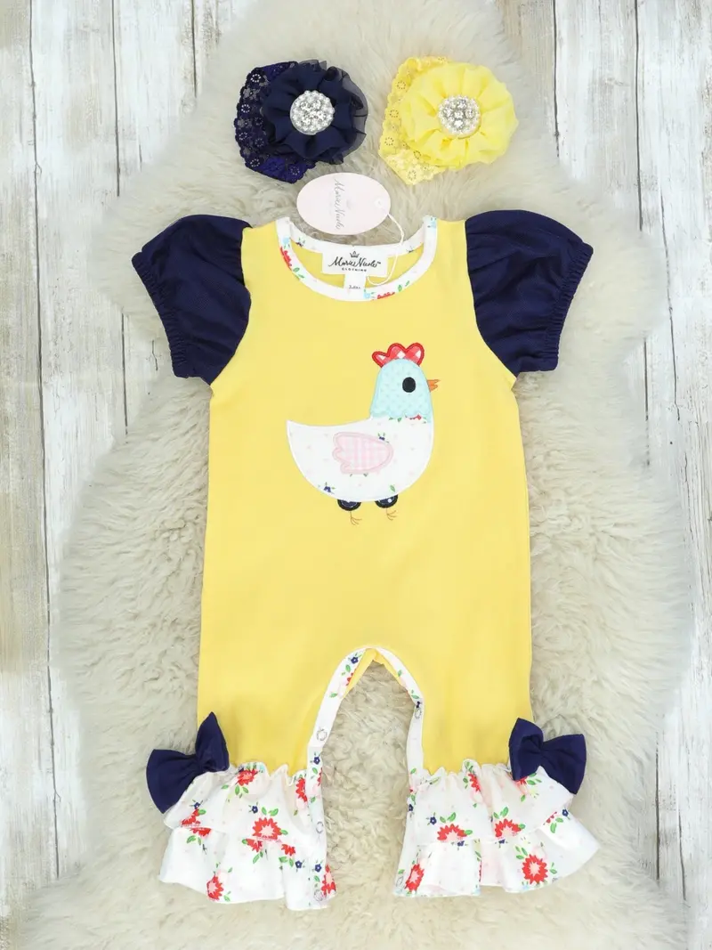 Yellow Chicken-Print Ruffle Romper 1