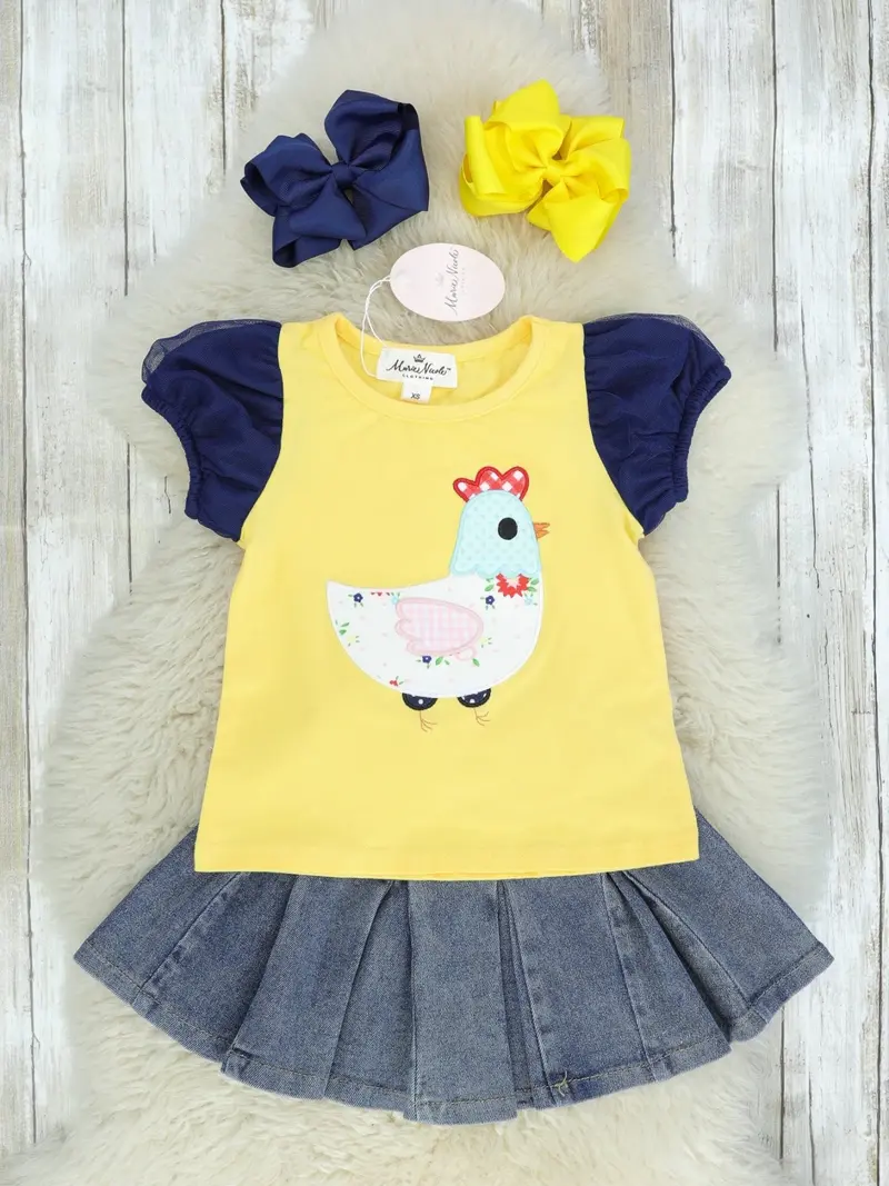 Yellow Chicken-Print Top With Ruffle Denim Skirt 1