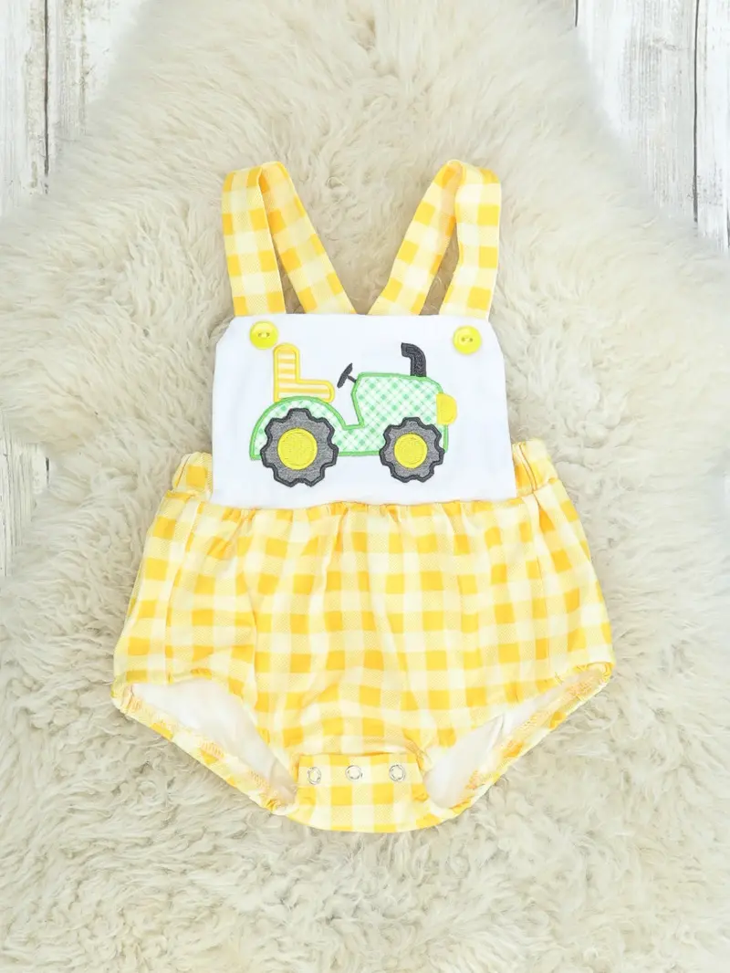 Yellow Gingham Tractor Bubble Romper For Babies 1