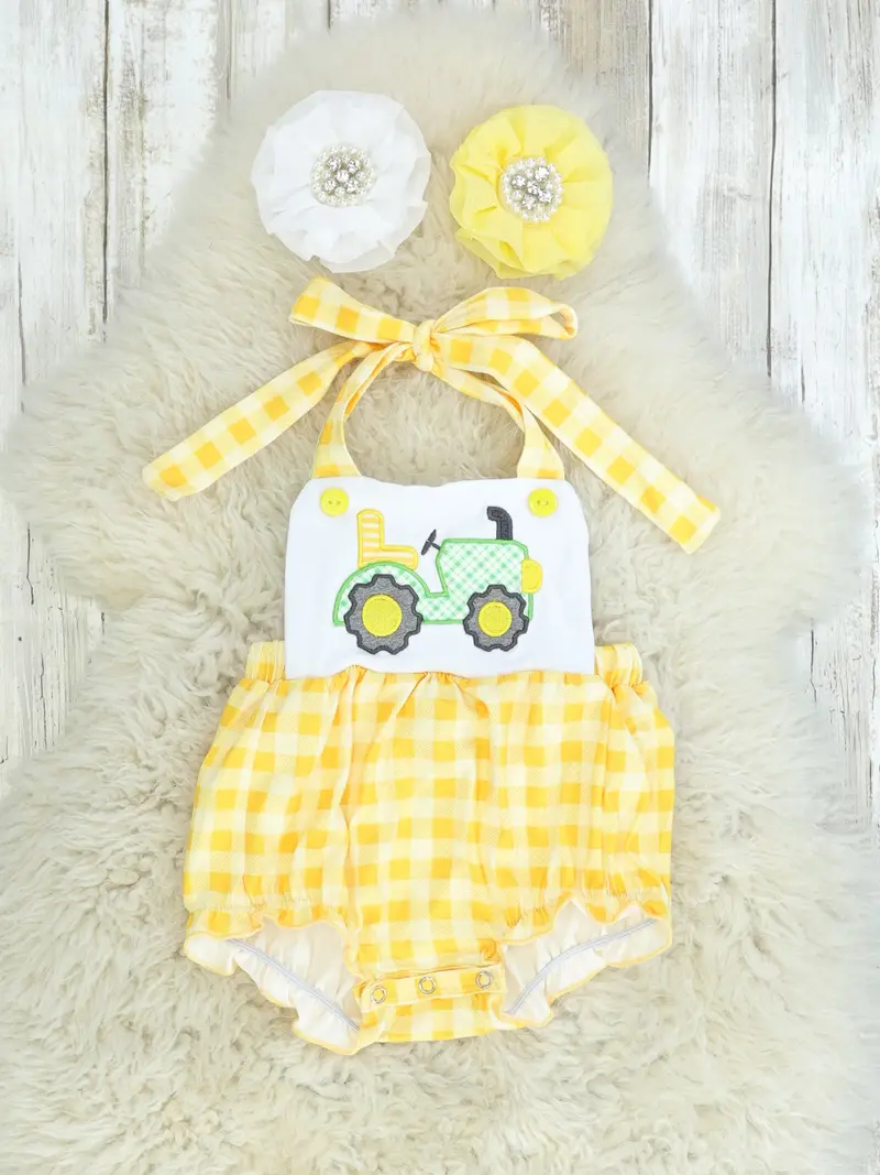 Yellow Gingham Tractor-Themed Halter Bubble Romper 1