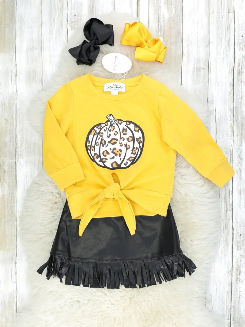 Yellow Leopard Pumpkin Top And Fringed Leather Skirt Set 1