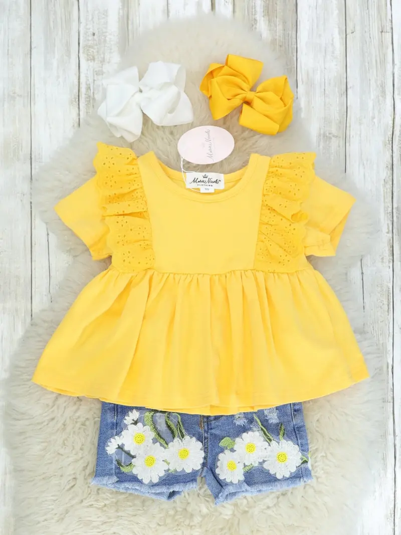 Yellow Peplum Top With Daisy-Print Denim Skirt Set 1