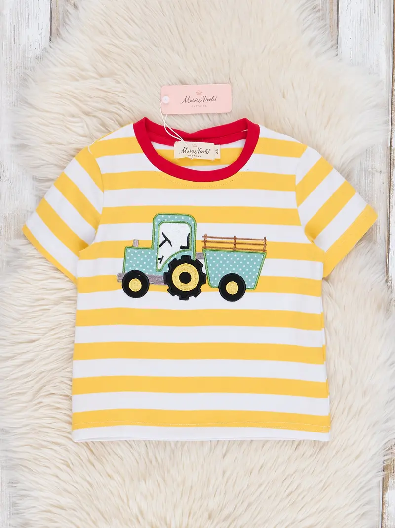 Yellow Striped Tractor-Embroidered Short-Sleeve Shirt 1