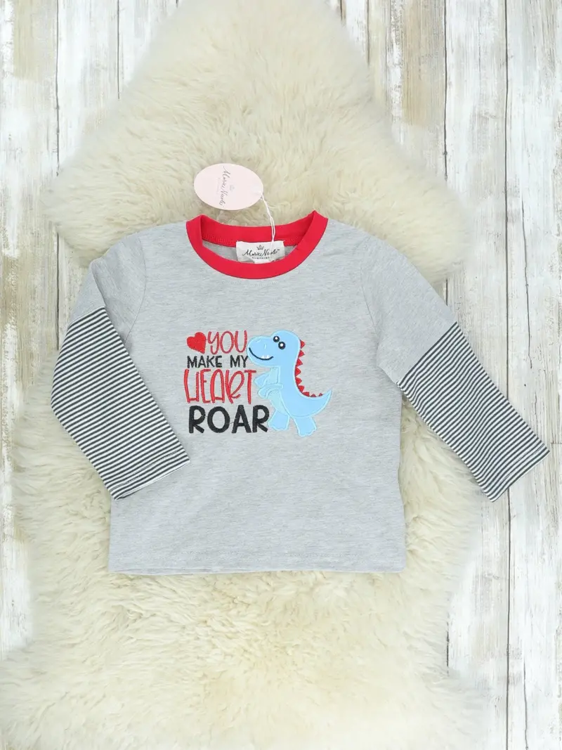 You Make My Heart Roar Gray Striped Tee 1